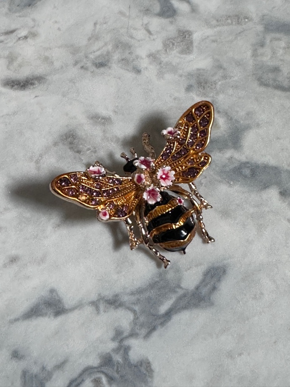 Gold & Pink Crystal Bee Brooch Pin • Whimsical Enamel Queen Bee Jewelry - Picture 2 of 3